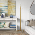 Brass Torchiere Floor Lamp With Clear Glass Drum Shade