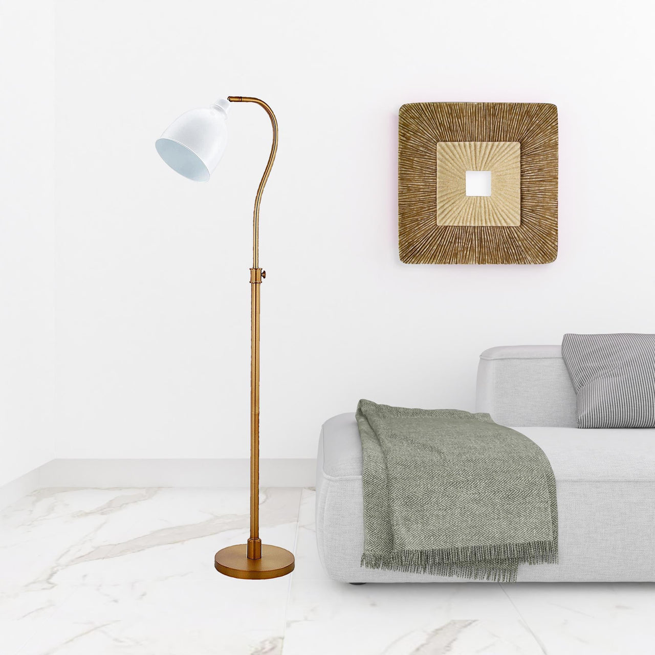 Brass Adjustable Reading Floor Lamp With White Frosted Glass Dome