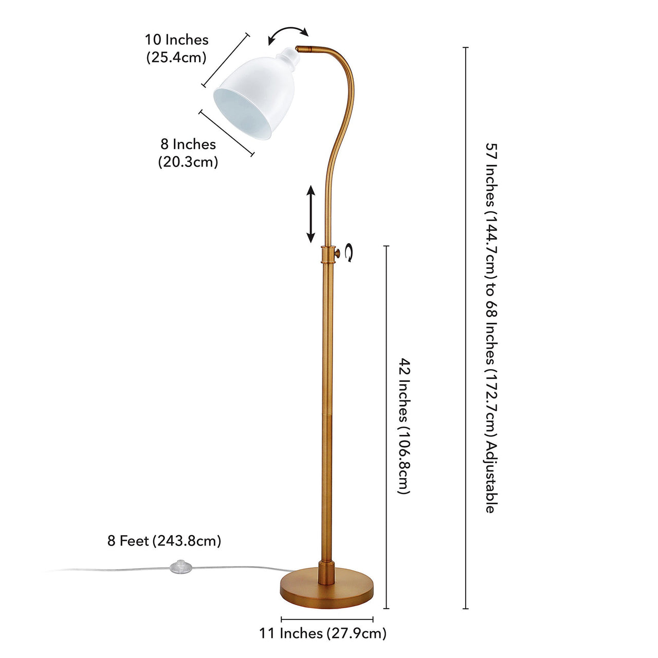 Brass Adjustable Reading Floor Lamp With White Frosted Glass Dome