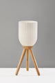 Natural Solid Wood Tripod Table Lamp With White Ribbed Glass Shade