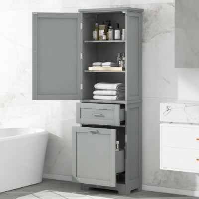 Tall Freestanding Storage Cabinet With Two Different Size Drawers And Adjustable Shelf