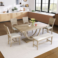 Thumbnail for 6-Piece Wood Half Round Dining Table Set With Long Bench & 4 Chairs