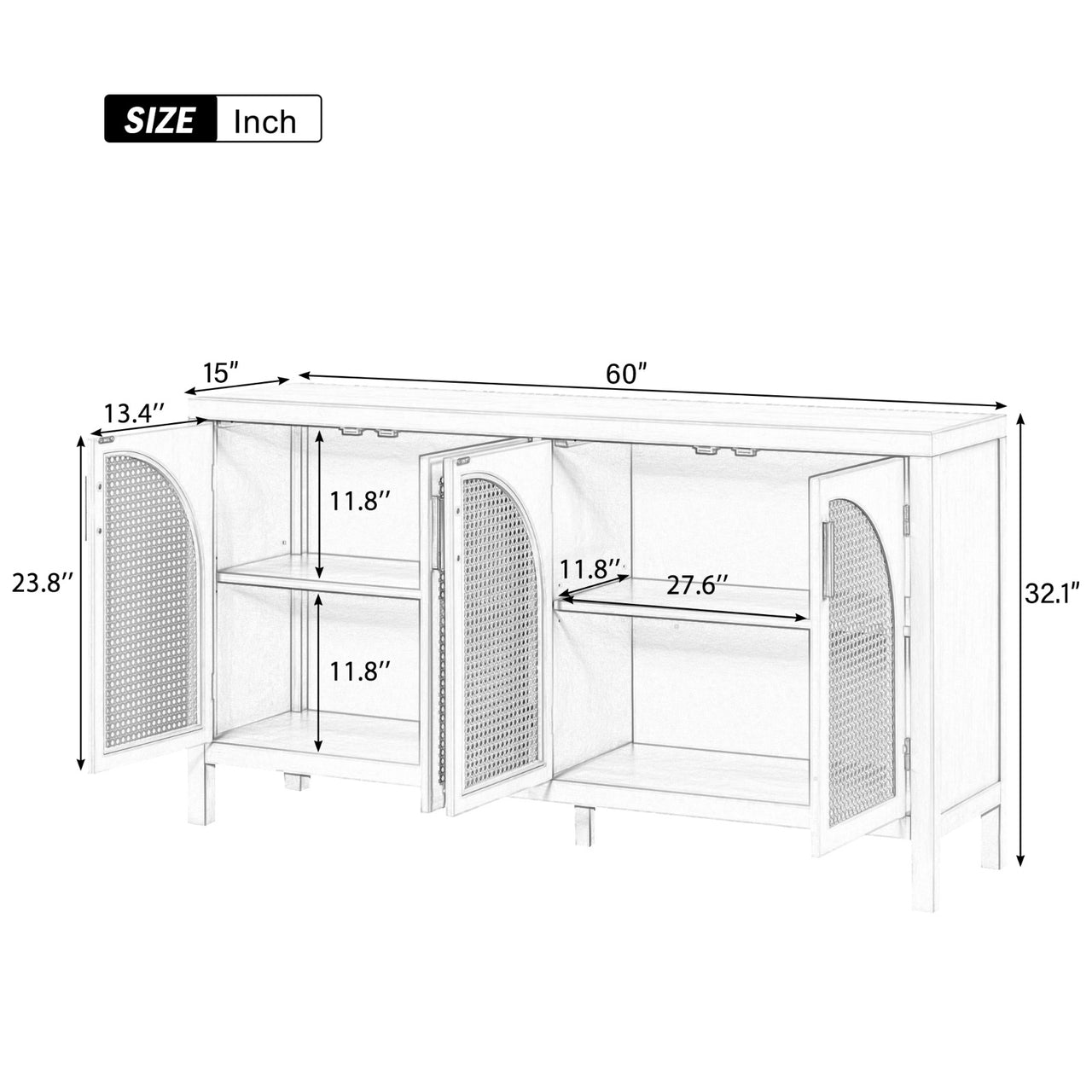 Sideboard With Rattan Door & Metal Handles For Living Room