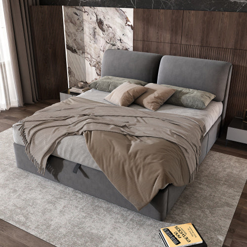 Upholstered King Size Hydraulic Bed with Three Drawers, Bed Box For Storage & Slatted Frame With Headboard, Without Mattress