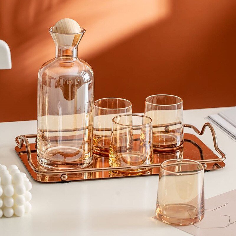 5pcs Glass Carafe Set with Wood Lid - Ideal for Wine, Whiskey, and Juice - Casatrail.com