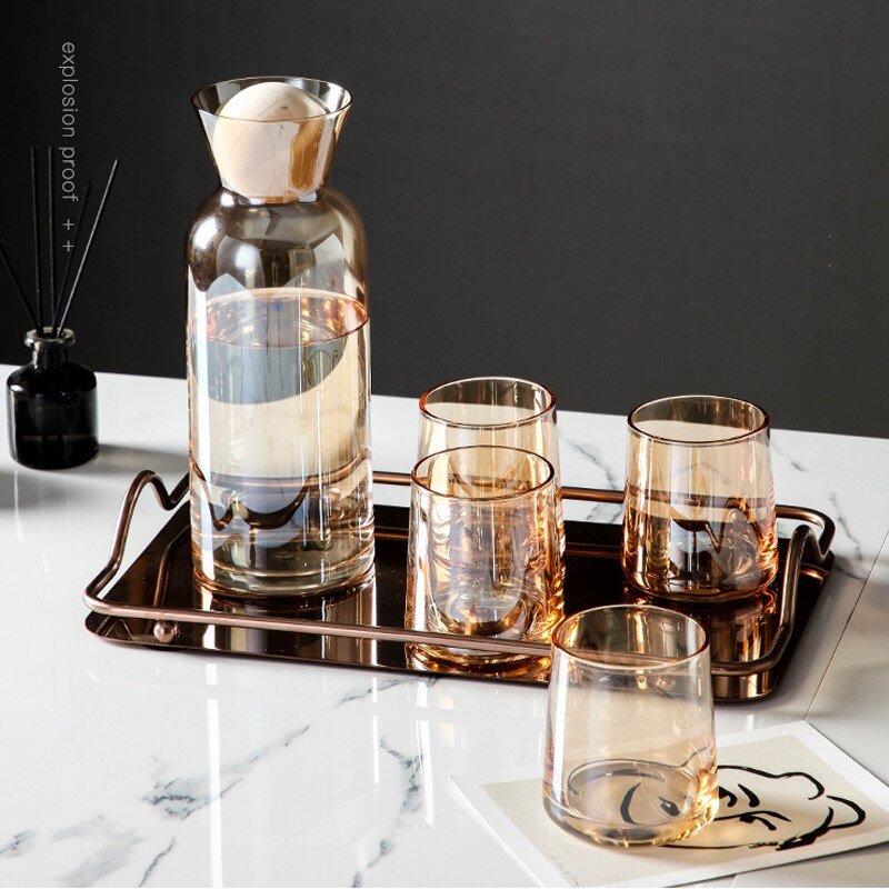 5pcs Glass Carafe Set with Wood Lid - Ideal for Wine, Whiskey, and Juice - Casatrail.com