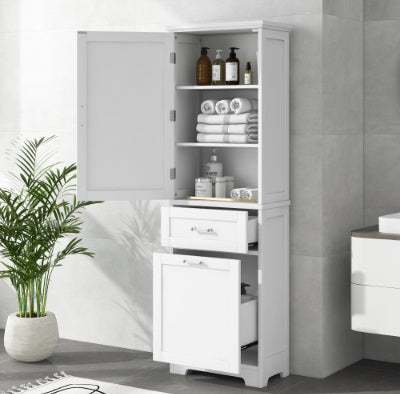 Tall Freestanding Storage Cabinet With Two Different Size Drawers And Adjustable Shelf