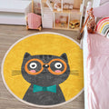 Yellow Cat Patterned Kids Room Round Rug,