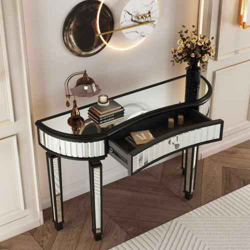 47 Half Moon Mirrored Console Table With Fluted Glass