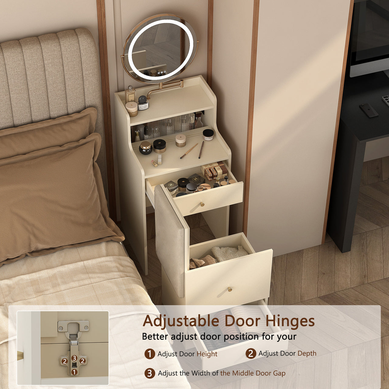 3 In 1 Vanity Desk With Mirror And Light, With 2 Drawers And Open Storage Space