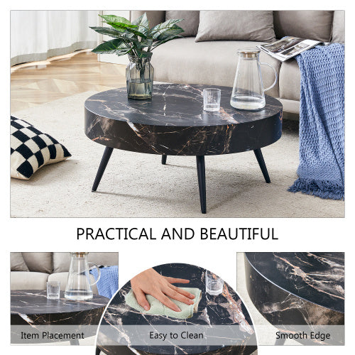 Black Marble-Patterned MDF Round Coffee Table With Black Metal Legs