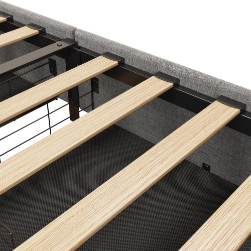 Queen Size Bed Frame With LED, 4 Under-bed Portable Storage Drawers & Wings Headboard Design