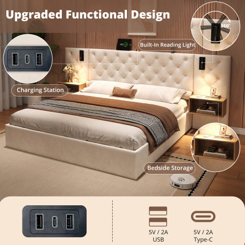 King Upholstered Velvet Hydraulic Storage Bed With Reading Light