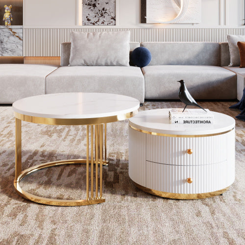 Modern 2-piece White Circular Nested Coffee Table With Drawers