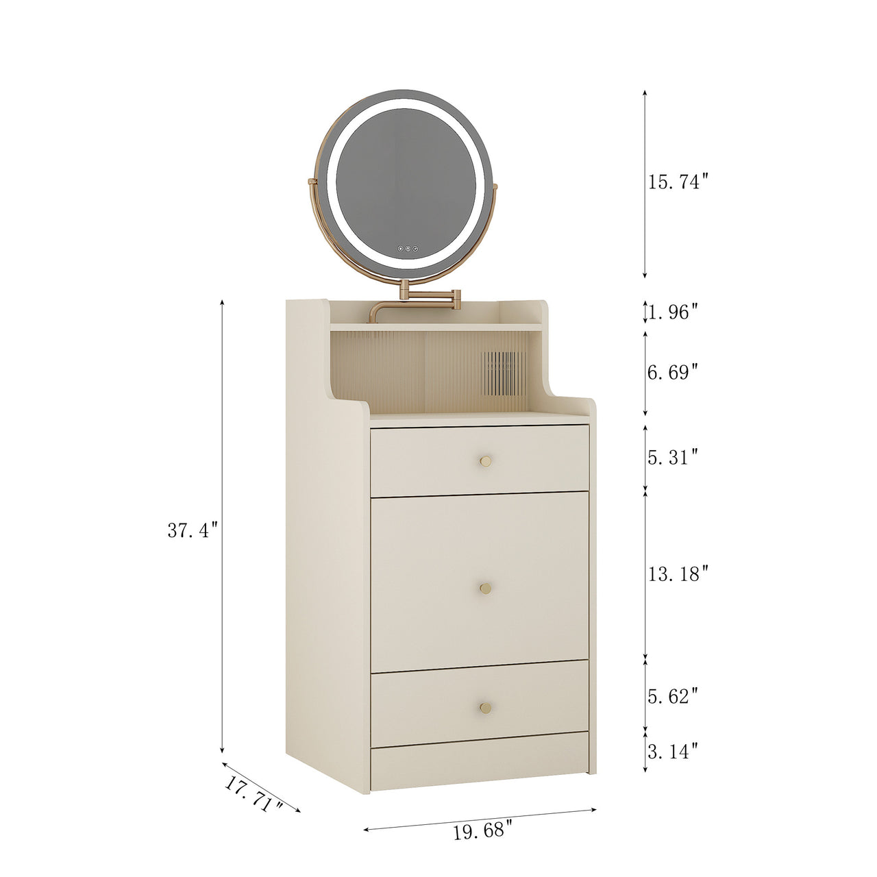 3 In 1 Vanity Desk With Mirror And Light, With 2 Drawers And Open Storage Space