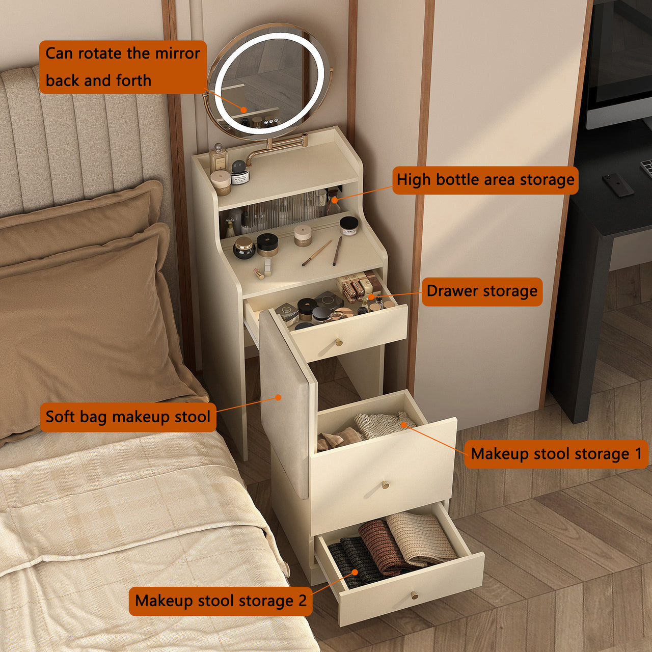 3 In 1 Vanity Desk With Mirror And Light, With 2 Drawers And Open Storage Space