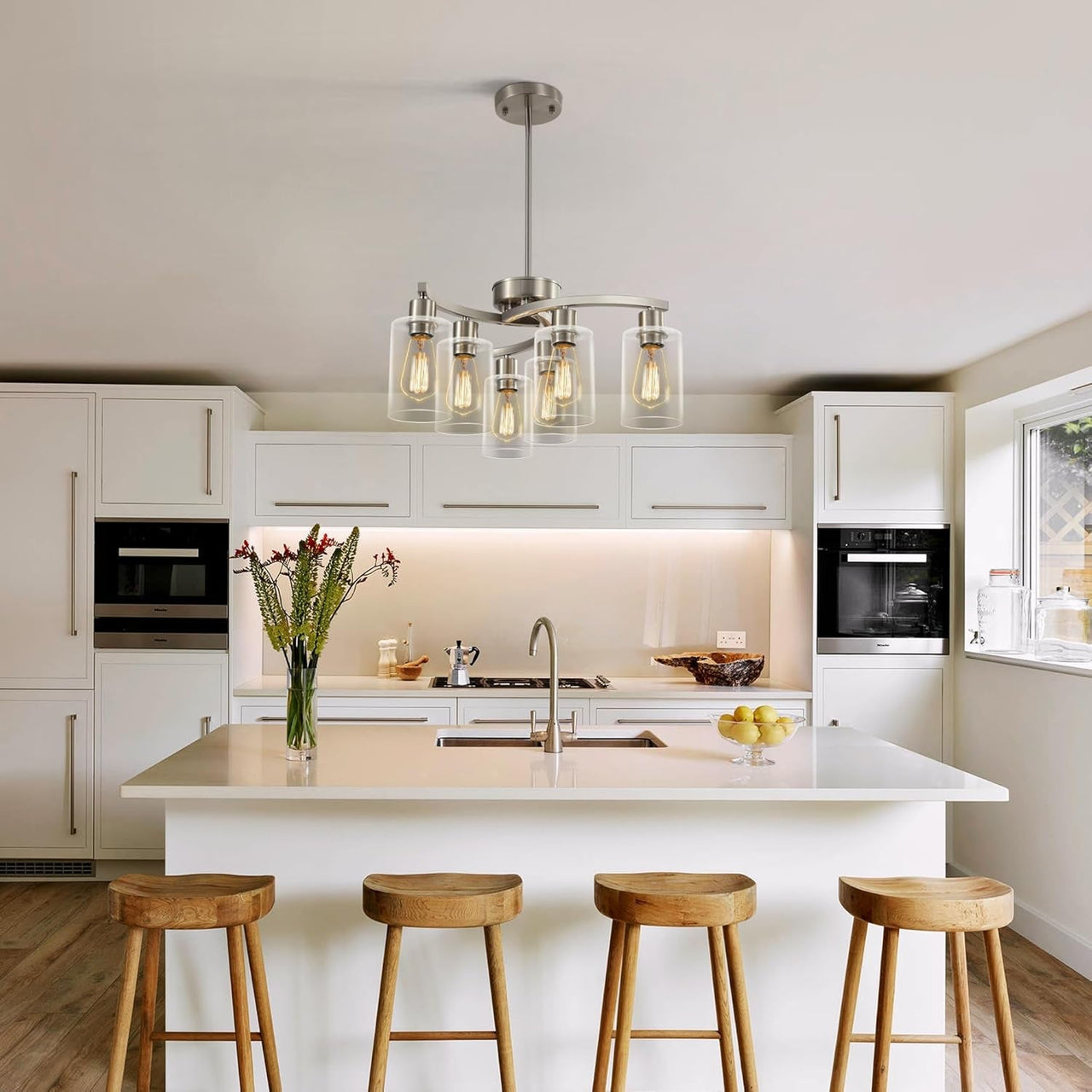 6-Light Brushed Nickel Industrial Glass Chandelier