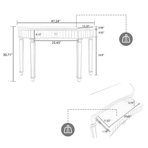 47 Half Moon Mirrored Console Table With Fluted Glass