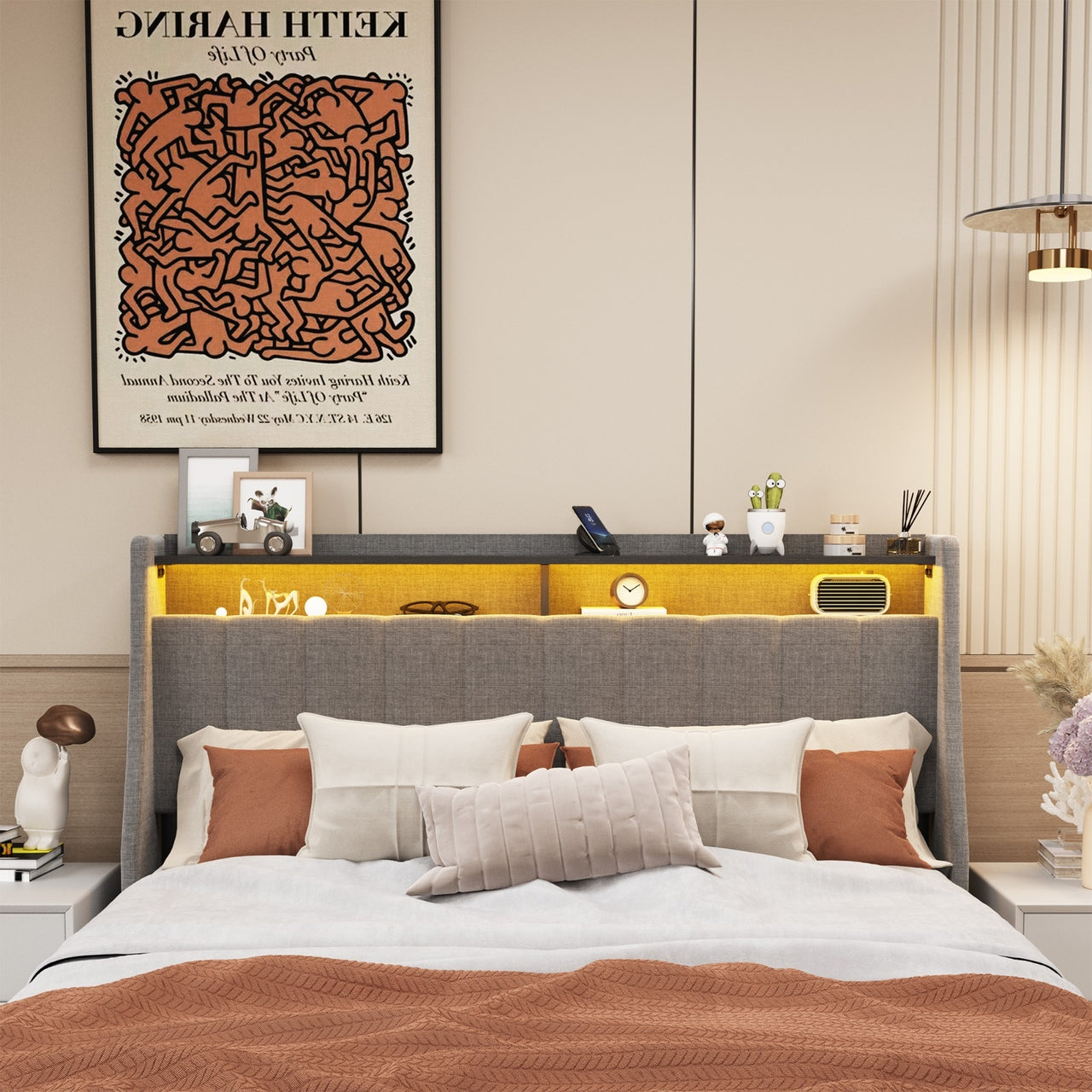 Queen Size Bed Frame With LED, Storage Drawers, Wings Headboard