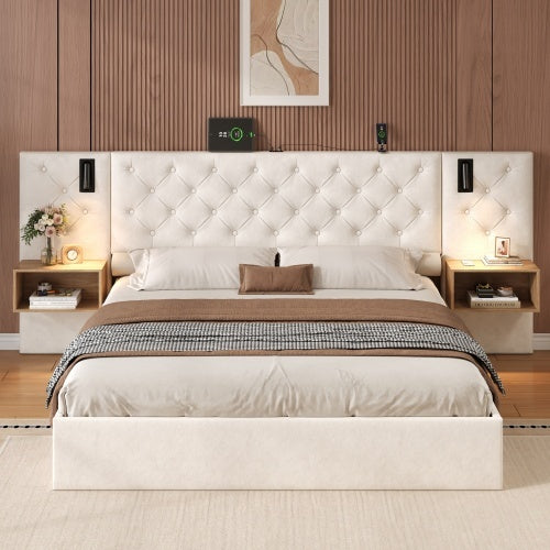 King Upholstered Velvet Hydraulic Storage Bed With Reading Light