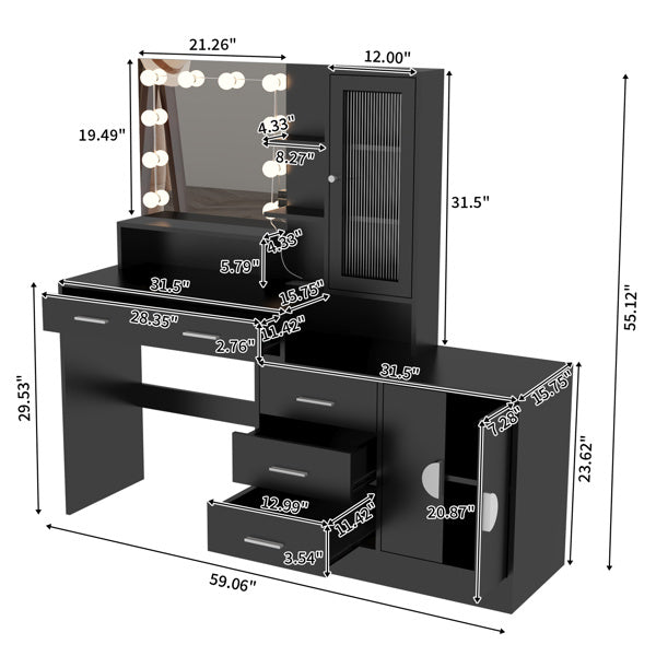 3-door, 4-drawer, Dressing Table, With Sockets, and Tri-tone Light Bulbs