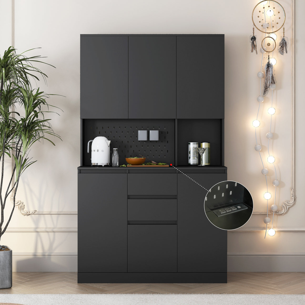 Freestanding Kitchen Pantry Cabinet Cupboard With 6 Doors,3 Shelves And 2 Drawer
