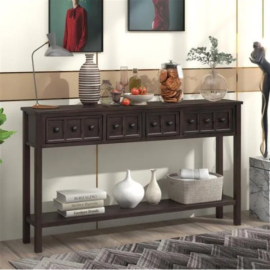 60 Long Sofa Table With Two Different Size Drawers And Bottom Shelf