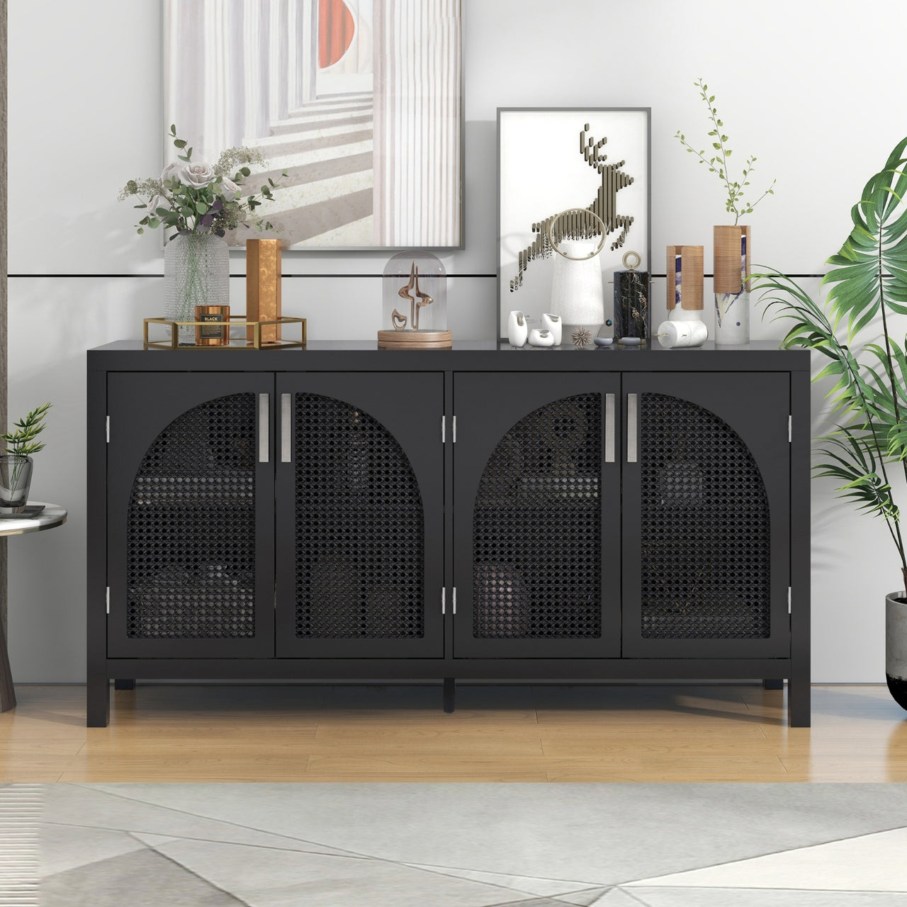 Sideboard With Rattan Door & Metal Handles For Living Room