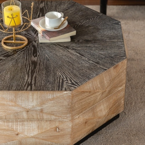 Retro Style Wood Center Table With Three-Dimensional Embossed Pattern
