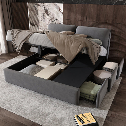 Upholstered King Size Hydraulic Bed with Three Drawers, Bed Box For Storage & Slatted Frame With Headboard, Without Mattress
