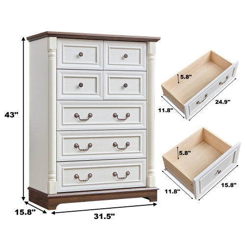 7 Drawer Dresser Chest For Bedroom With Wooden Base And Riser Trim