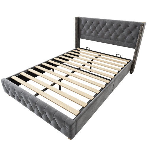 Upholstered King Size Bed With Slatted Frame And Headboard