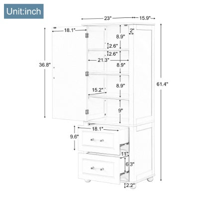 Tall Freestanding Storage Cabinet With Two Drawers And Adjustable Shelf