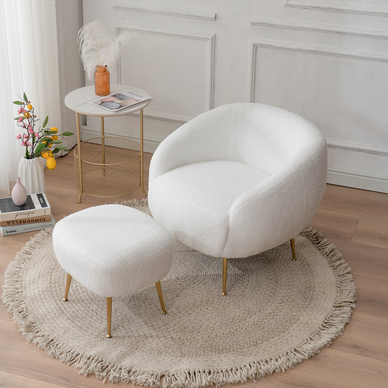 Faux Fur Barrel Armchair Accent Chair with Ottoman