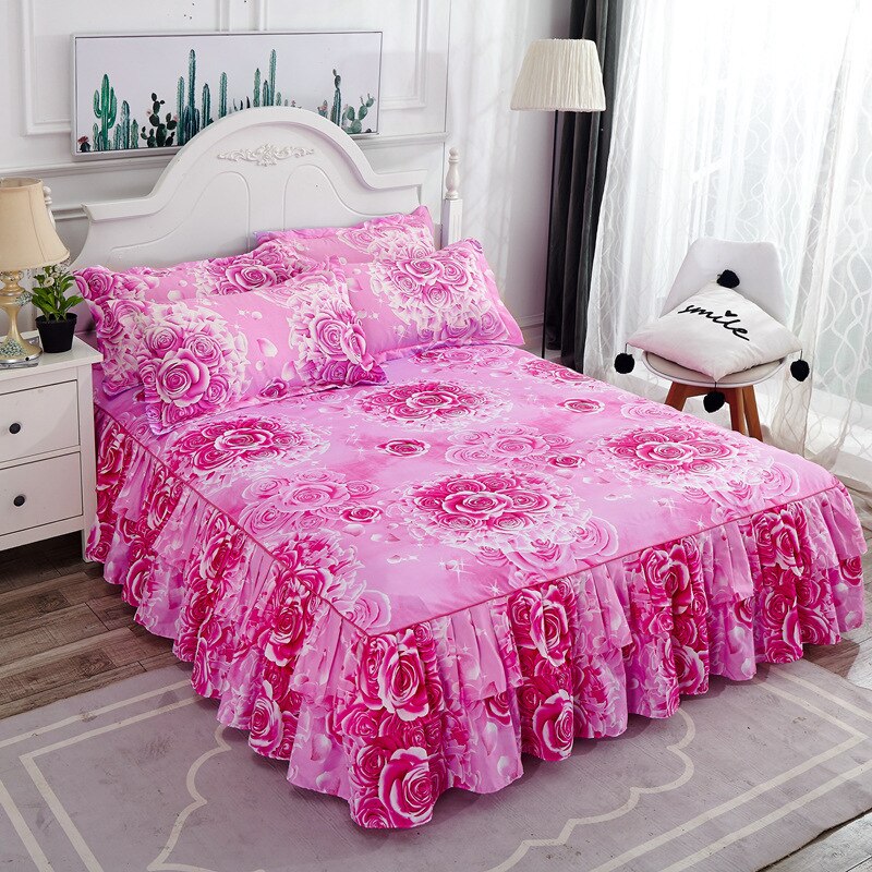 Printed Double Layer Bed Skirt Set for King Queen Size Bed