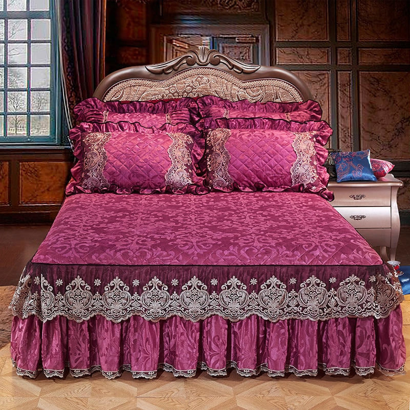 Europe Princess Bedding Set with Velvet Bed Skirt and Pillowcases for King Queen Size Mattress Cover
