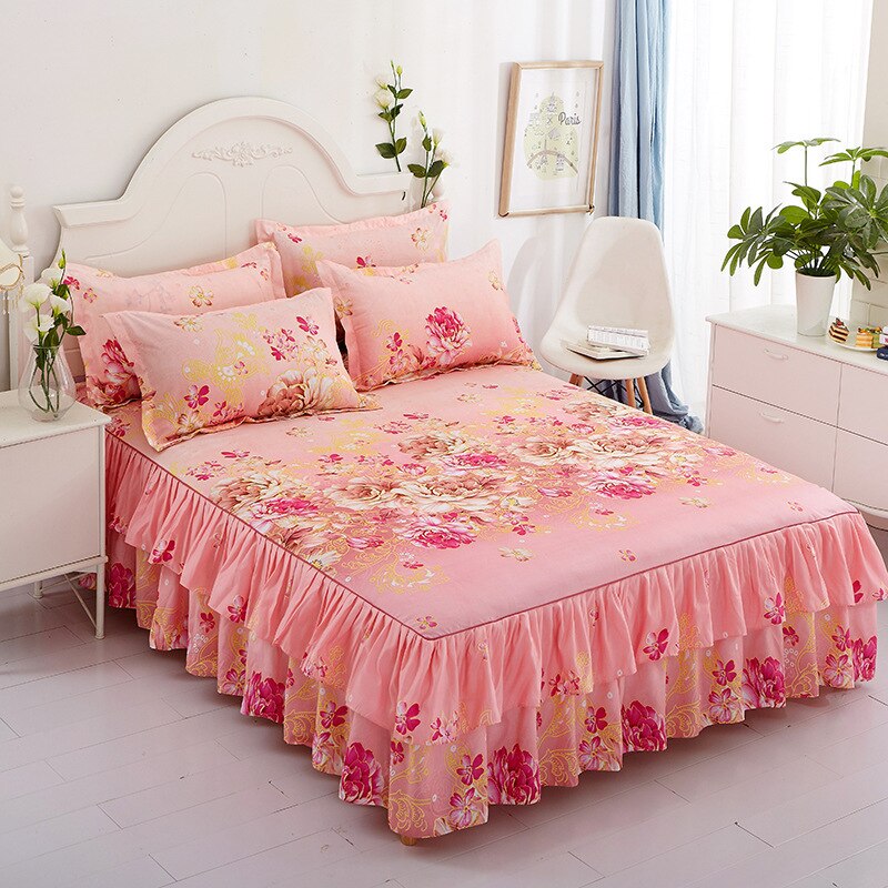 Printed Double Layer Bed Skirt Set for King Queen Size Bed