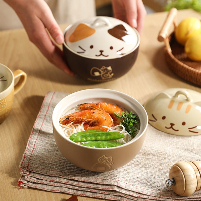Japanese Cute Cat Ceramic Soup Bowl with Cover