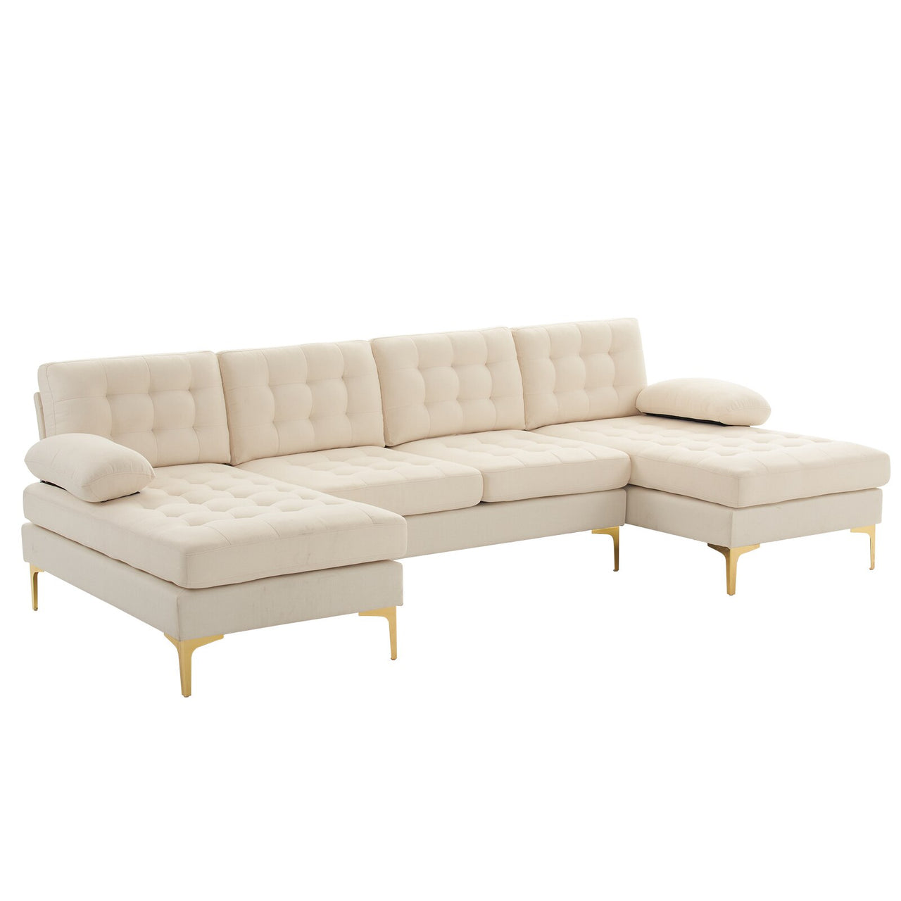 Beige Indoor Sectional Sofa with U-shaped Armrest and Golden Feet