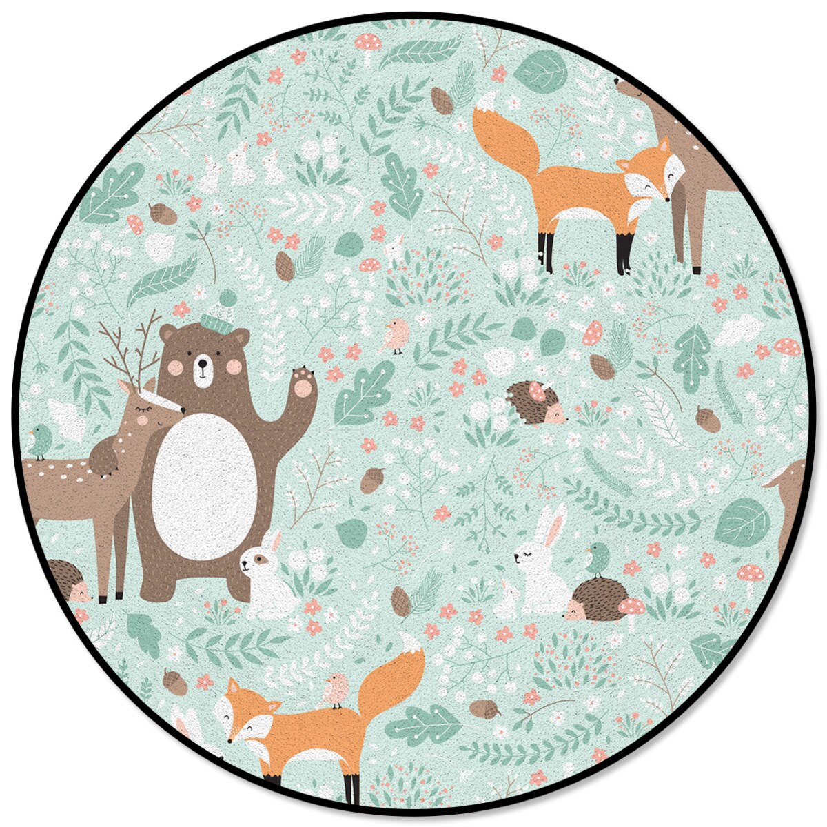 Round Rug with Forest Animals Print