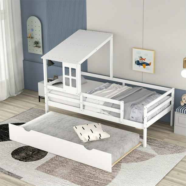 Kids White Low Loft Bed with Roof and Trundle