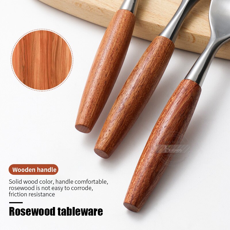 Stainless Steel Flatware Rose Wood Silverware Cutlery Set