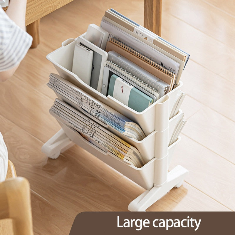 Portable Book Shelf with Wheels and Multi-Layer Storage
