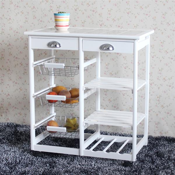 Kitchen Cart 2-Drawer 3-Basket 3-Shelf Storage Rack - White