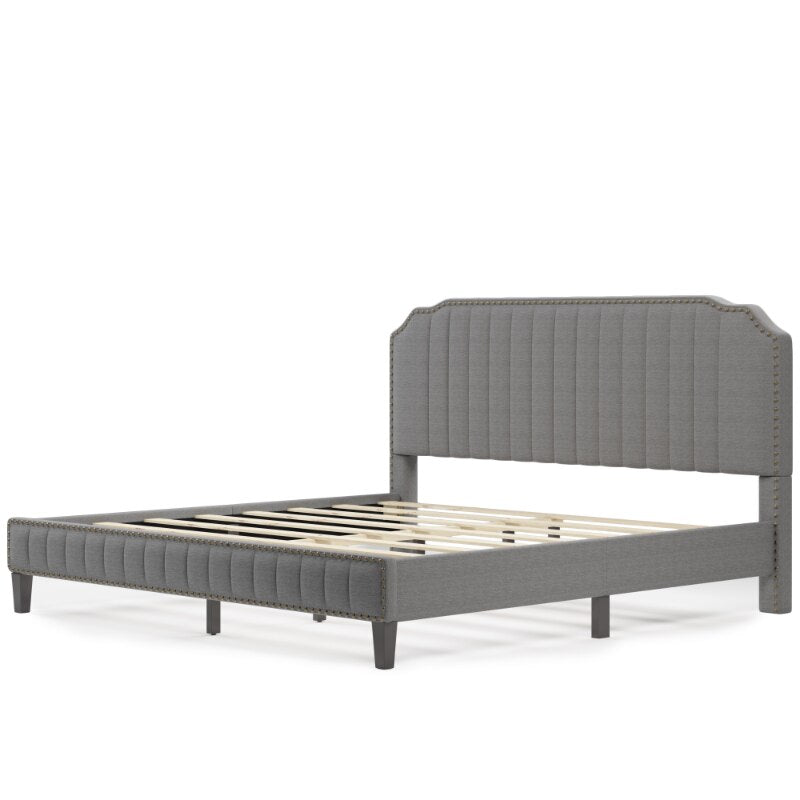 Linen Curved Upholstered Platform Bed Solid Wood Frame King Grey