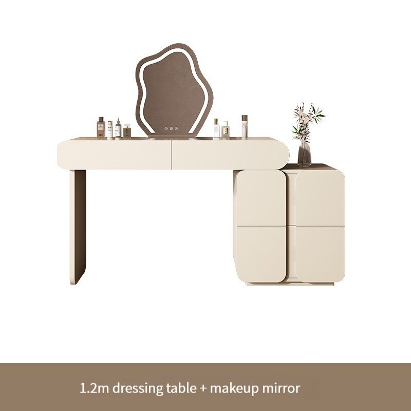 Minimalist Dressing Table with Stool and LED Mirror, White, 6 Drawers