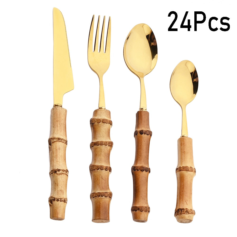 24Pcs Creative Bamboo Handle Dinnerware Set