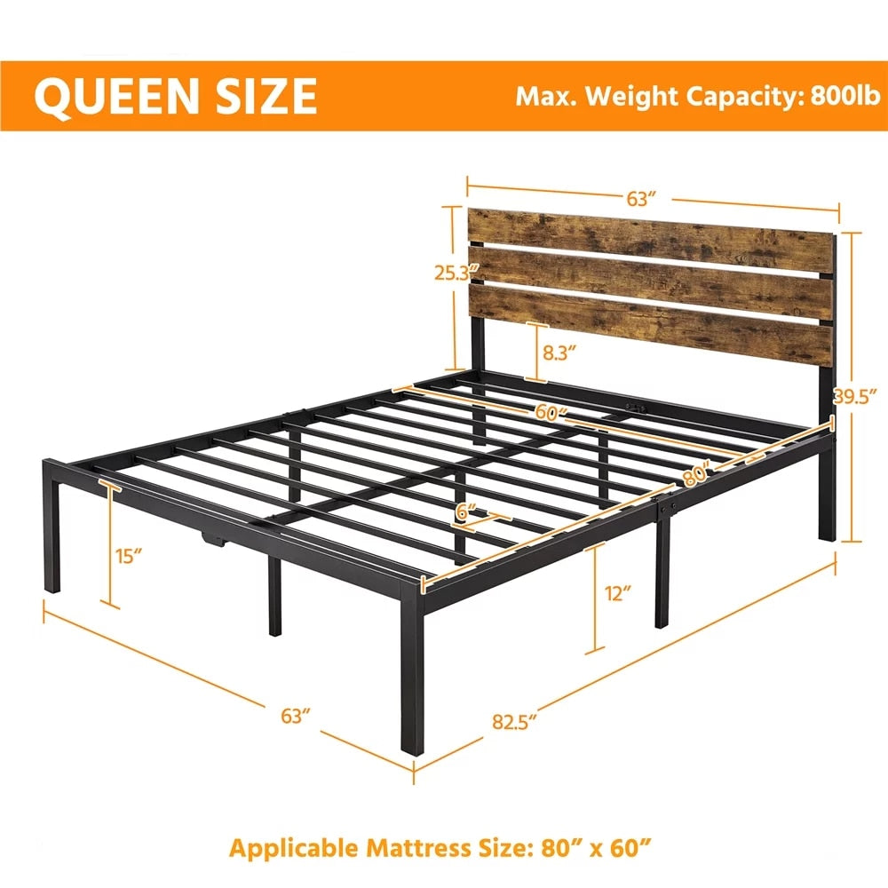 Metal Platform Queen Bed with Wood Headboard