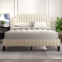 Thumbnail for Linen Curved Upholstered Platform Bed Solid Wood Frame King Grey