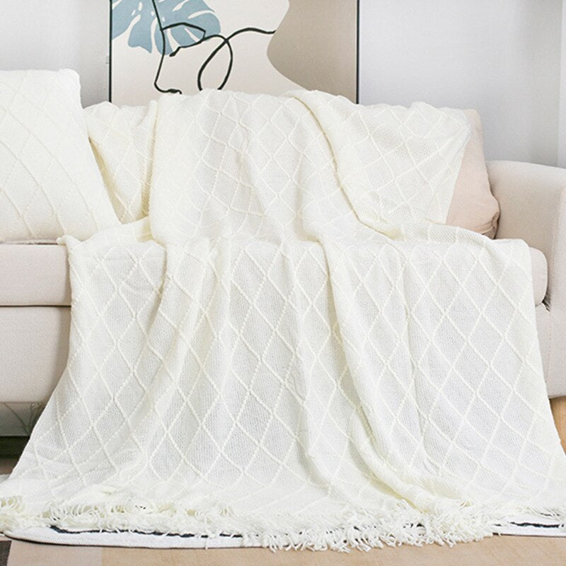 Solid Color Tassel Knitted Sofa Blanket